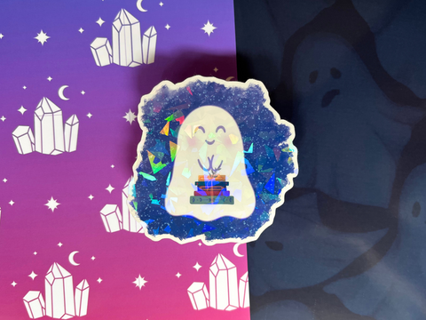 Bookish Ghost Sticker | Waterproof Laminated HOLOGRAPHIC Vinyl Sticker