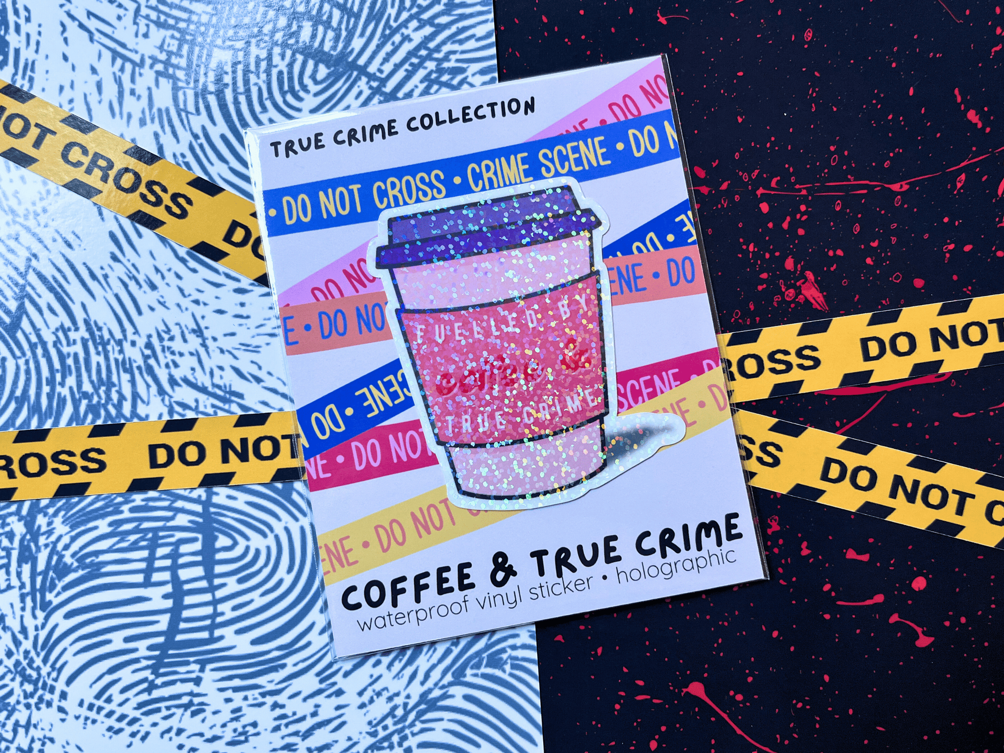 Glitter Coffee & True Crime Sticker | Waterproof HOLOGRAPHIC Laminated Vinyl Sticker - Forge de Sol - Sticker - Sticker - 