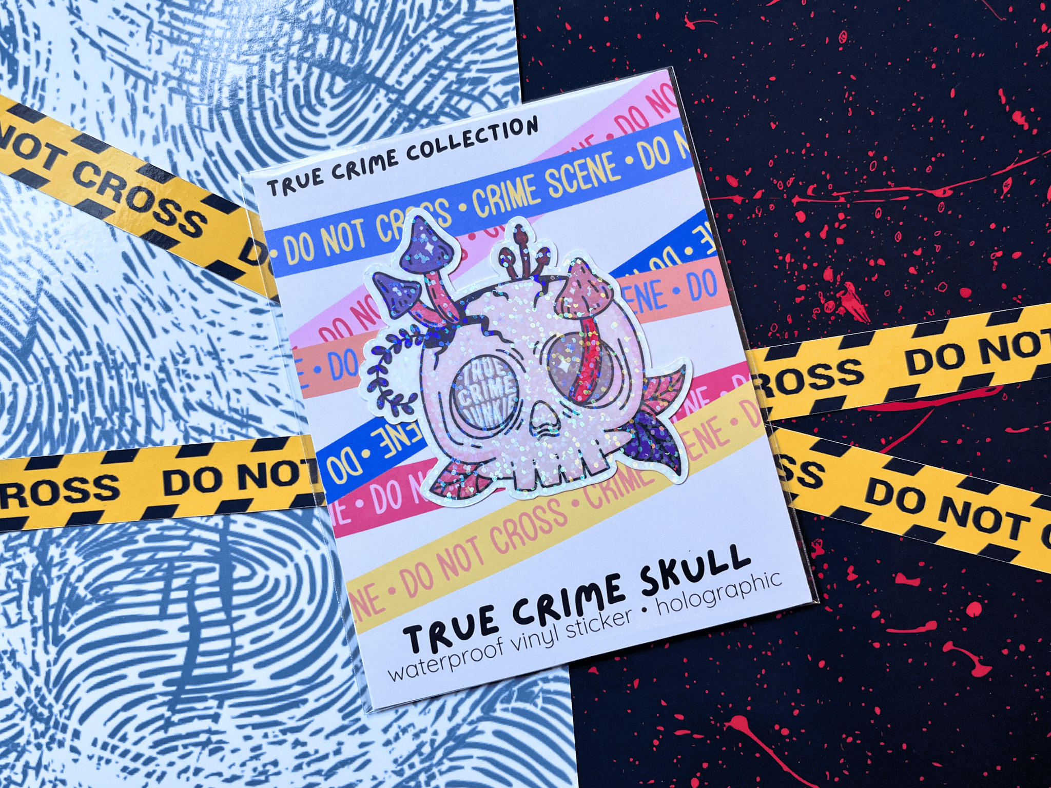Glitter True Crime Skull Sticker | Waterproof HOLOGRAPHIC Laminated Vinyl Sticker - Forge de Sol - Sticker - Sticker - 