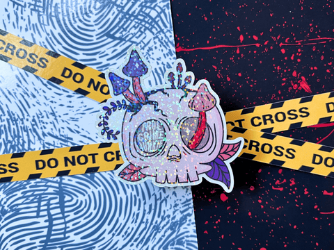 Glitter True Crime Skull Sticker | Waterproof HOLOGRAPHIC Laminated Vinyl Sticker - Forge de Sol - Sticker - Sticker - 